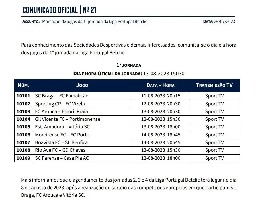 Reveladas as datas dos jogos da última jornada da Liga Portuguesa