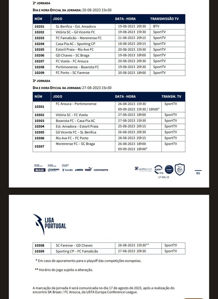 Horários 2ª e 3ª jornada