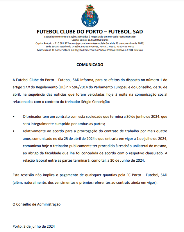 FC Porto comunicado Sérgio Conceição