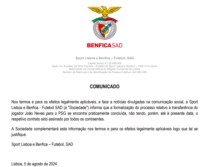 Benfica comunicado João Neves CMVM