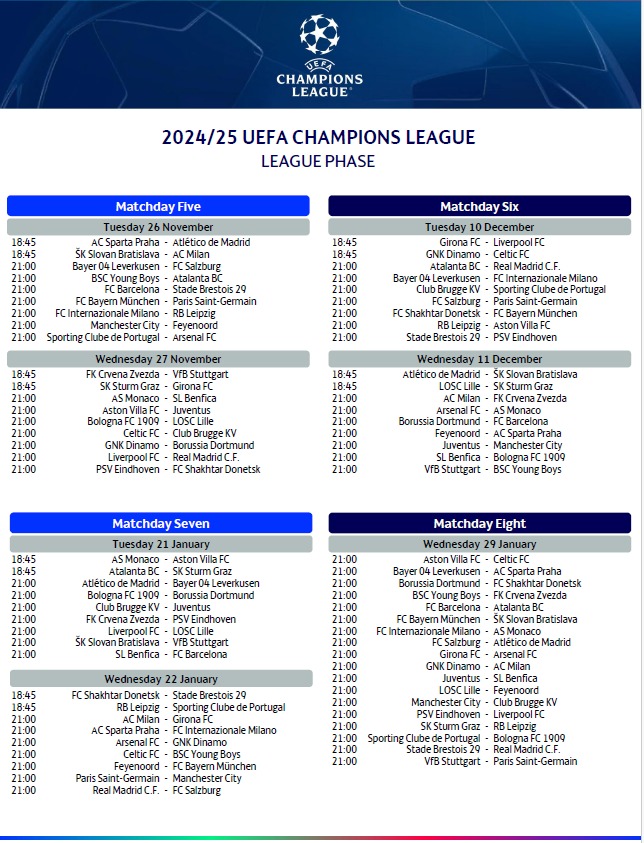 Champions League calendário 2