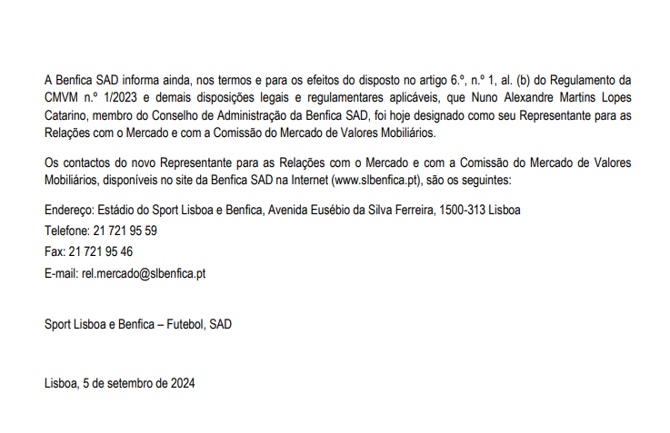 Comunicado Benfica CMVM 2